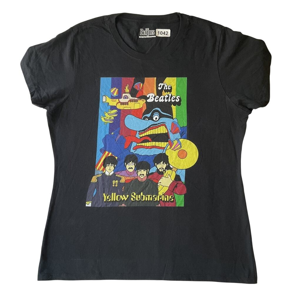 The Beatles Women Shirt L Black Graphic Print Yellow Submarine Band Tee